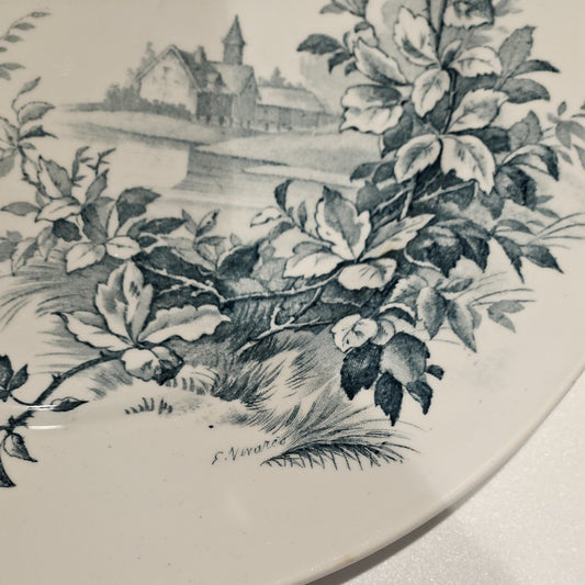 Détail du branchage et de l'église, ainsi que la signature du dessinateur . On appréciera la finesse d'exécution.