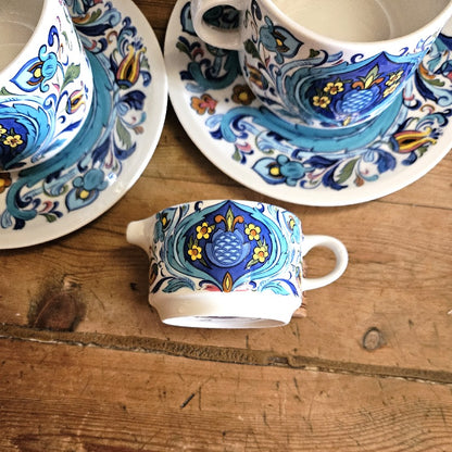 Pot à crème coloré bleue jaune et brique. les différents tons de bleus et la symétrie des motifs donnent un coté oriental au décor.