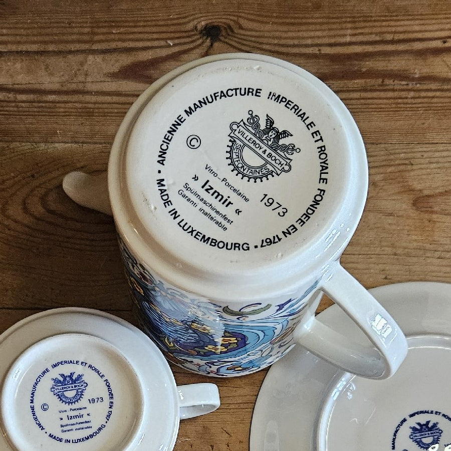 Dessous des pièces en porcelaine présentant un tampon de fabricant imprimé en noir., ou bleu selon les éléments. Le marquage est disposé en cercle et indique : “Faïencerie Manufacture Impériale et Royale fondée en 1748”. Au centre figure un emblème avec le nom “Villeroy & Boch”. À proximité apparaissent les mentions “Izmir” et “1973”. En bas du cercle, on peut lire “Made in Luxembourg”. Le tampon est net et contrasté sur la porcelaine blanche brillante. »