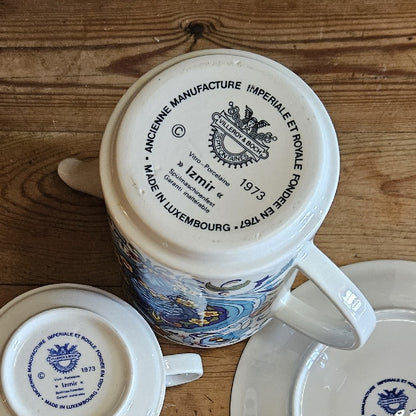 Dessous des pièces en porcelaine présentant un tampon de fabricant imprimé en noir., ou bleu selon les éléments. Le marquage est disposé en cercle et indique : “Faïencerie Manufacture Impériale et Royale fondée en 1748”. Au centre figure un emblème avec le nom “Villeroy & Boch”. À proximité apparaissent les mentions “Izmir” et “1973”. En bas du cercle, on peut lire “Made in Luxembourg”. Le tampon est net et contrasté sur la porcelaine blanche brillante. »