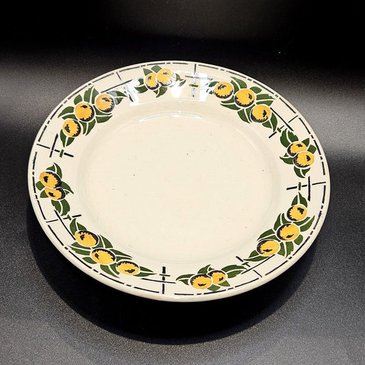 De couleur beige très pale, comme beaucoup de faïences, cette assiette est entourée de fruits ronds jaunes avec des ombres noires prononcées sur le bas de chaque fruit en séquence de 3 - 2 - 3 - 2 . Chaque séquence est entourée de feuilles vertes et le tout est posé sur un fin quadrillé noir. Les couleurs sont chatoyantes.
Aucune restauration