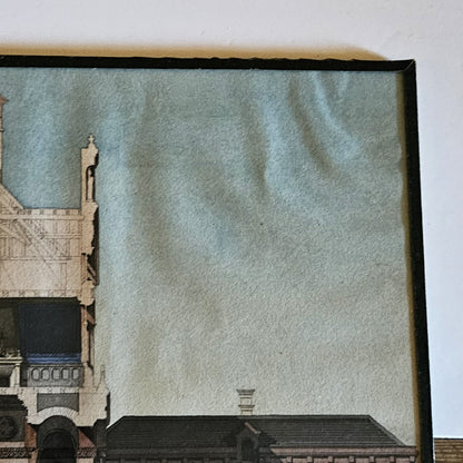 Détail de l'aquarelle de Paul Friesé, montrant la tour gothique centrale de l'édifice monumental éclectique avec pinacles,  et croix de faîtage en ardoise bleue, et le gondolage important du papier dans le coin supérieur droit du au collage de l'œuvre sur le carton de fond, dans un cadre en papier texturé noir.