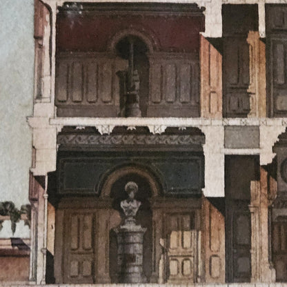 Détail de l'aquarelle de Paul Friesé, montrant le portail monumental à arc en plein cintre avec buste sur piédestal en niche centrale, frise d'entrelacs sculptés et deux oculi à croix, surmonté d'une loggia à colonnes avec boiseries sombres à panneaux moulurés et balustrade à balustres.