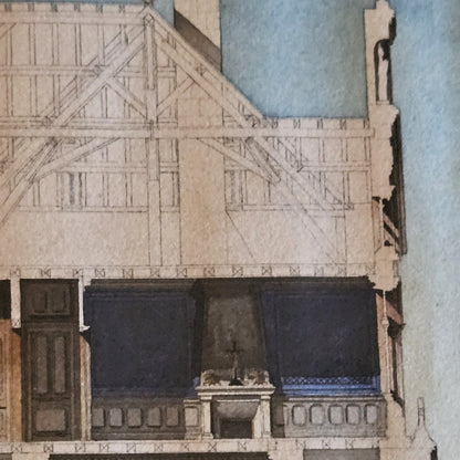 Détail de l'aquarelle de Paul Friesé, montrant la charpente apparente en bois à fermes triangulées de l'aile gauche de l'édifice éclectique, avec la salle intérieure à lambris bleu nuit, cheminée monumentale à fronton et statuette, et plafond à caissons bleu et or, rendu à l'aquarelle et à l'encre.
