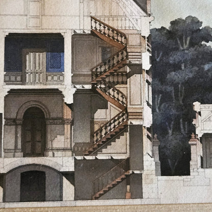 Détail de l'aquarelle de Paul Friesé, montrant le double escalier hélicoïdal monumental à balustrade en fer forgé à volutes, rendu en perspective sur trois volées simultanées visibles en coupe, avec à gauche les salles intérieures à panneaux bleus et à droite la végétation au lavis gris-bleu, dans l'aquarelle de la villa bourgeoise éclectique.