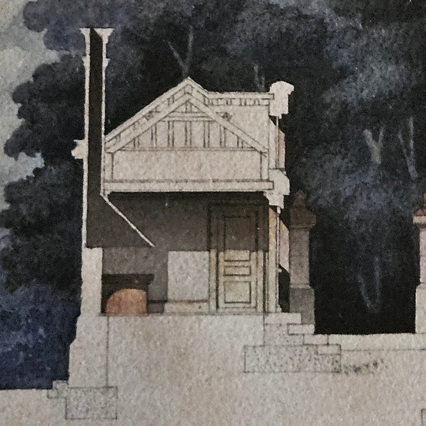 Détail de l'aquarelle de Paul Friesé, montrant le petit pavillon de jardin à charpente apparente en bois avec toiture à deux pans et porte à panneaux moulurés, le mur de clôture en pierre de taille  la végétation dense au lavis gris-bleu , à droite de la composition.