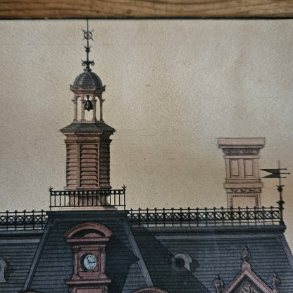 Détail de l'aquarelle de Paul Friesé montrant le clocheton à dôme surmonté d'un épi de faîtage avec girouette, une horloge en lucarne et des balustrades en fer forgé ouvragé, rendu à l'aquarelle et à l'encre sur papier beige.