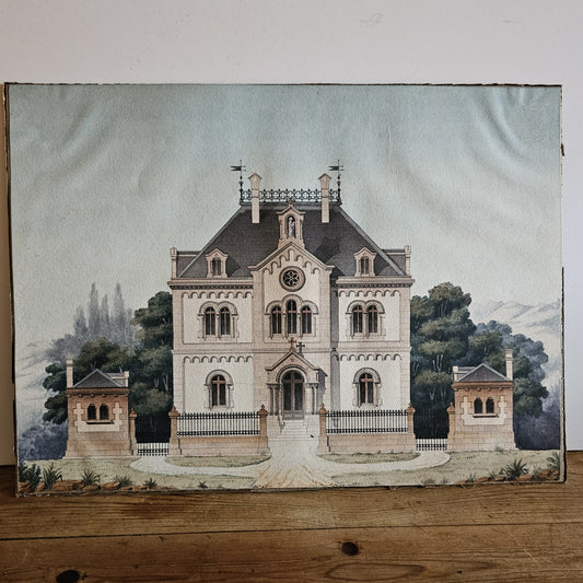 Aquarelle originale attribuée à Paul Friesé représentant la façade d'un édifice religieux néo-roman, avec portail en arc brisé surmonté d'une croix, rosace hexapétale, fenêtres géminées et créneaux décoratifs