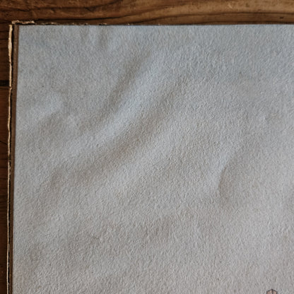 Gros plan sur le coin supérieur gauche de l'aquarelle attribuée à Paul Friesé, montrant les auréoles d'humidité sur le papier dues au collage sur le carton de fond