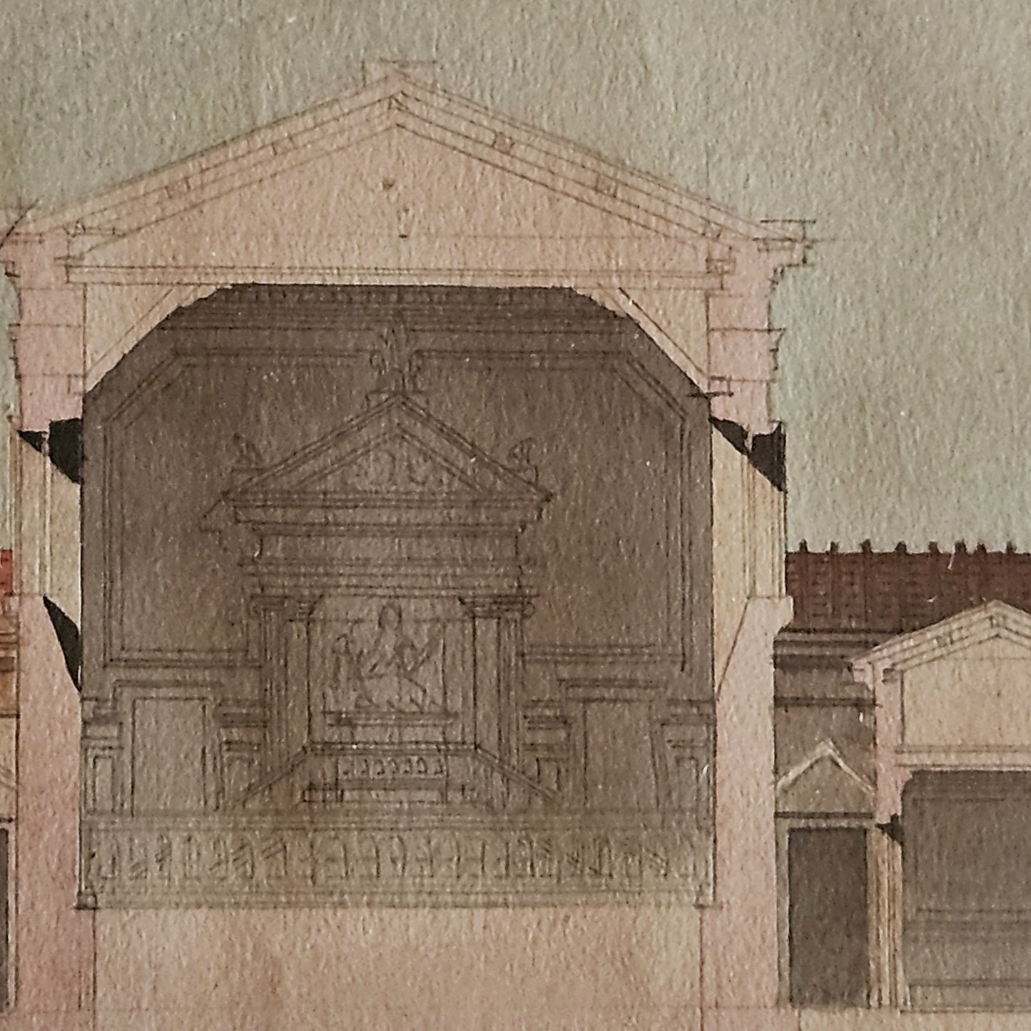 Détail de l'aquarelle de Paul Friesé montrant l'autel monumental surmonté d'un baldaquin à fronton brisé, une statue assise en niche et une frise de bas-reliefs, rendu à l'aquarelle et à l'encre sur papier vergé beige.