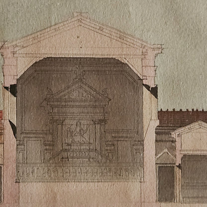 Détail de l'aquarelle de Paul Friesé montrant l'autel monumental surmonté d'un baldaquin à fronton brisé, une statue assise en niche et une frise de bas-reliefs, rendu à l'aquarelle et à l'encre sur papier vergé beige.