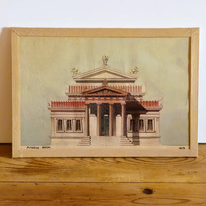 Aquarelle originale encadrée de Paul Friesé, représentant la façade d'un édifice public néo-classique grec avec grand fronton triangulaire, acrotère en vase à flammes et portique à colonnes ioniques, signée P. FRIESE ARCH. et datée 1872, dans un sous verre entouré de kraft. 