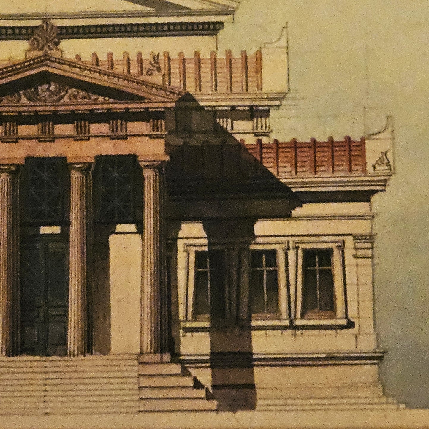 Détail de l'aquarelle de Paul Friesé montrant l'aile droite de l'édifice néo-classique avec fenêtres à encadrements moulurés, le portique à colonnes ioniques cannelées et la frise de métopes et triglyphes en terre cuite rouge, rendu à l'aquarelle et à l'encre sur fond gris-bleu.
