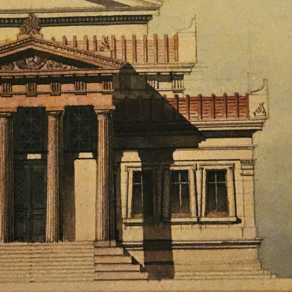 Détail de l'aquarelle de Paul Friesé montrant l'aile droite de l'édifice néo-classique avec fenêtres à encadrements moulurés, le portique à colonnes ioniques cannelées et la frise de métopes et triglyphes en terre cuite rouge, rendu à l'aquarelle et à l'encre sur fond gris-bleu.