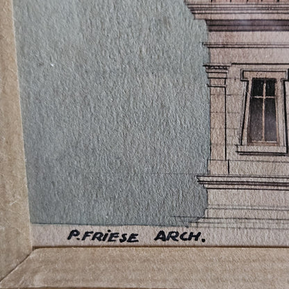 Gros plan sur la signature manuscrite « P. FRIESE ARCH. » inscrite en bas à gauche de l'aquarelle, sur le bord blanc du papier vergé,