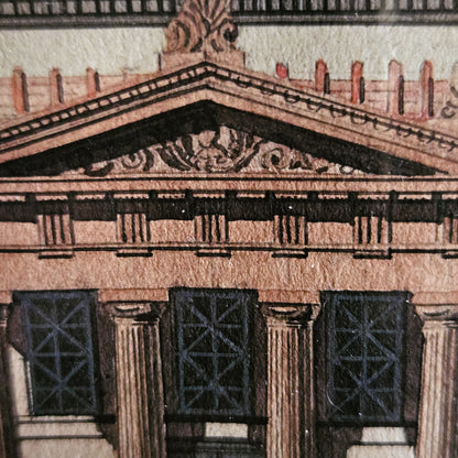 Détail de l'aquarelle de Paul Friesé montrant le portique central de l'édifice néo-classique avec colonnes ioniques cannelées, tympan orné de rinceaux sculptés, et trois grandes baies vitrées à croisillons, rendu à l'aquarelle et à l'encre sur fond gris-bleu.
