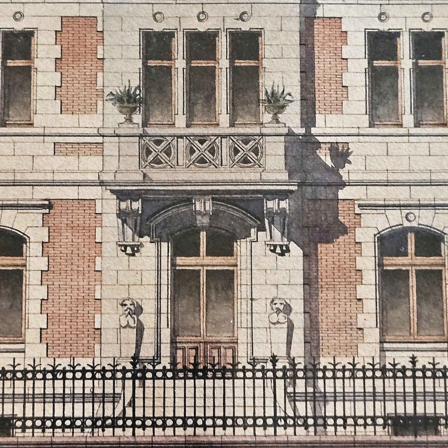 Détail de l'aquarelle de Paul Friesé montrant le porche d'entrée monumental de la villa bourgeoise, flanqué de deux atlantes en pierre, avec lanternes en fer forgé, balcon à balustrade en croix et vases de plantes, rendu à l'aquarelle et à l'encre.