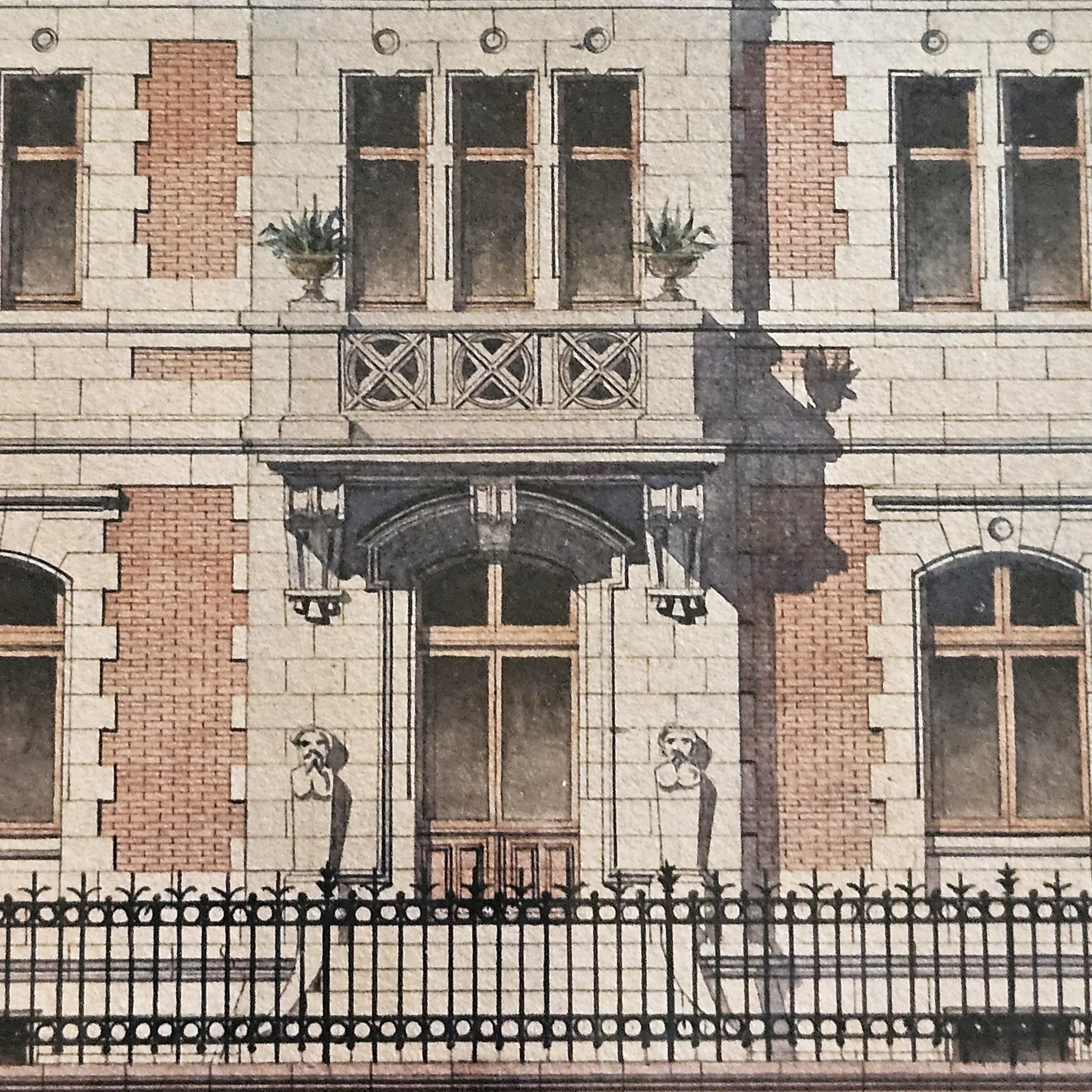 Détail de l'aquarelle de Paul Friesé montrant le porche d'entrée monumental de la villa bourgeoise, flanqué de deux atlantes en pierre, avec lanternes en fer forgé, balcon à balustrade en croix et vases de plantes, rendu à l'aquarelle et à l'encre.