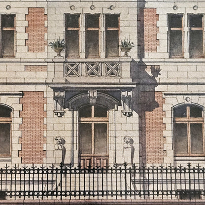 Détail de l'aquarelle de Paul Friesé montrant le porche d'entrée monumental de la villa bourgeoise, flanqué de deux atlantes en pierre, avec lanternes en fer forgé, balcon à balustrade en croix et vases de plantes, rendu à l'aquarelle et à l'encre.