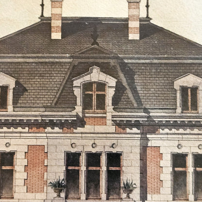 Détail de l'aquarelle de Paul Friesé montrant le toit à la Mansart en ardoise de la villa bourgeoise, avec lucarnes à frontons moulurés, cheminées en brique et épi de faîtage central, rendu à l'aquarelle et à l'encre sur papier vergé beige.