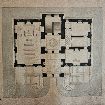 DOUBLE DESSIN D'ARCHITECTURE PAUL FRIESÉ ARCHITECTE -COUPE ET PLAN D'HÔTEL PARTICULIER RENAISSANCE -1873- Ref : 00232