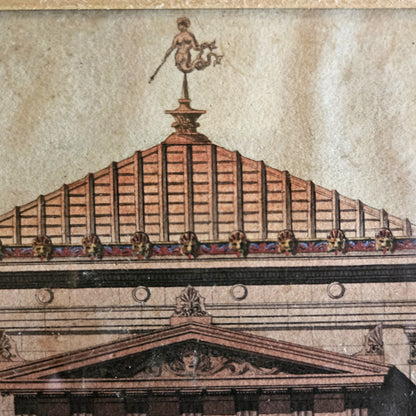 Détail de l'aquarelle de Paul Friesé montrant le grand fronton triangulaire de l'édifice néo-grec, surmonté d'une girouette dorée en forme de Victoire tenant un dauphin sur un socle en vase, avec le toit à charpente apparente en caissons rouge brique et or et la frise polychrome à coquilles Saint-Jacques.