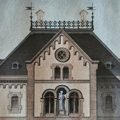 Détail de l'aquarelle attribuée à Paul Friesé, montrant la partie supérieure de la façade d'un édifice religieux néo-roman avec pignon à créneaux, rosace quadrilobée, statue de la Vierge à l'Enfant en niche à triple arcade, et balustrade en fer forgé à fleurs de lys, sur fond de ciel gris-bleu.