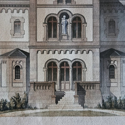 Détail de l'aquarelle attribuée à Paul Friesé, montrant la partie centrale de la façade de l'édifice religieux néo-roman avec la niche à triple arcade abritant la Vierge à l'Enfant, le perron monumental à double escalier avec balustrade en pierre, et les deux pavillons latéraux symétriques.
