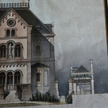 Détail de l'aquarelle attribuée à Paul Friesé, montrant l'aile gauche de l'édifice religieux néo-roman avec le pavillon de jardin à pergola végétalisée sur fond de ciel nuageux gris-bleu au lavis.