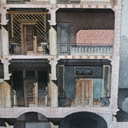 Détail de l'aquarelle de Paul Friesé montrant les deux espaces intérieurs supérieurs en coupe : à gauche une salle avec treillis doré en boiserie et porte à médaillon sculpté, à droite une salle avec murs en damier rose et lambris à caissons bleu-vert, séparés par un arc en plein cintre à bossages alternés rouge et beige.