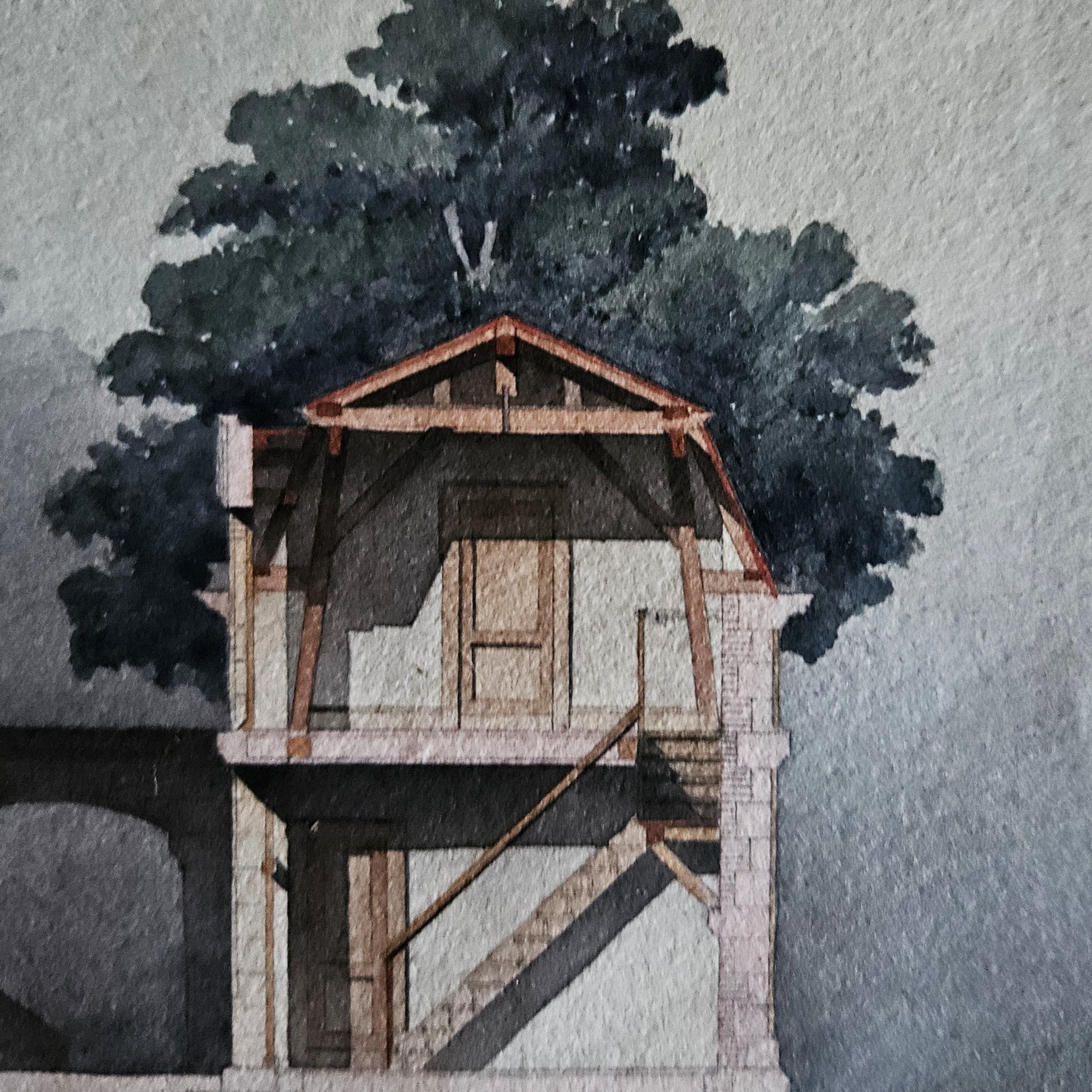 Détail de l'aquarelle de Paul Friesé montrant le pavillon de jardin à charpente apparente en bois avec toiture à deux pans et escalier extérieur, entouré d'un grand arbre rendu au lavis gris-bleu , à droite de la composition.