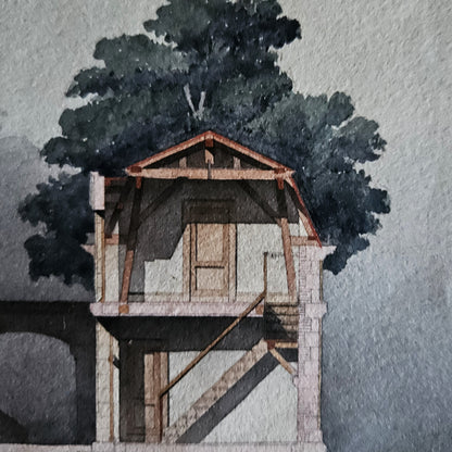 Détail de l'aquarelle de Paul Friesé montrant le pavillon de jardin à charpente apparente en bois avec toiture à deux pans et escalier extérieur, entouré d'un grand arbre rendu au lavis gris-bleu , à droite de la composition.