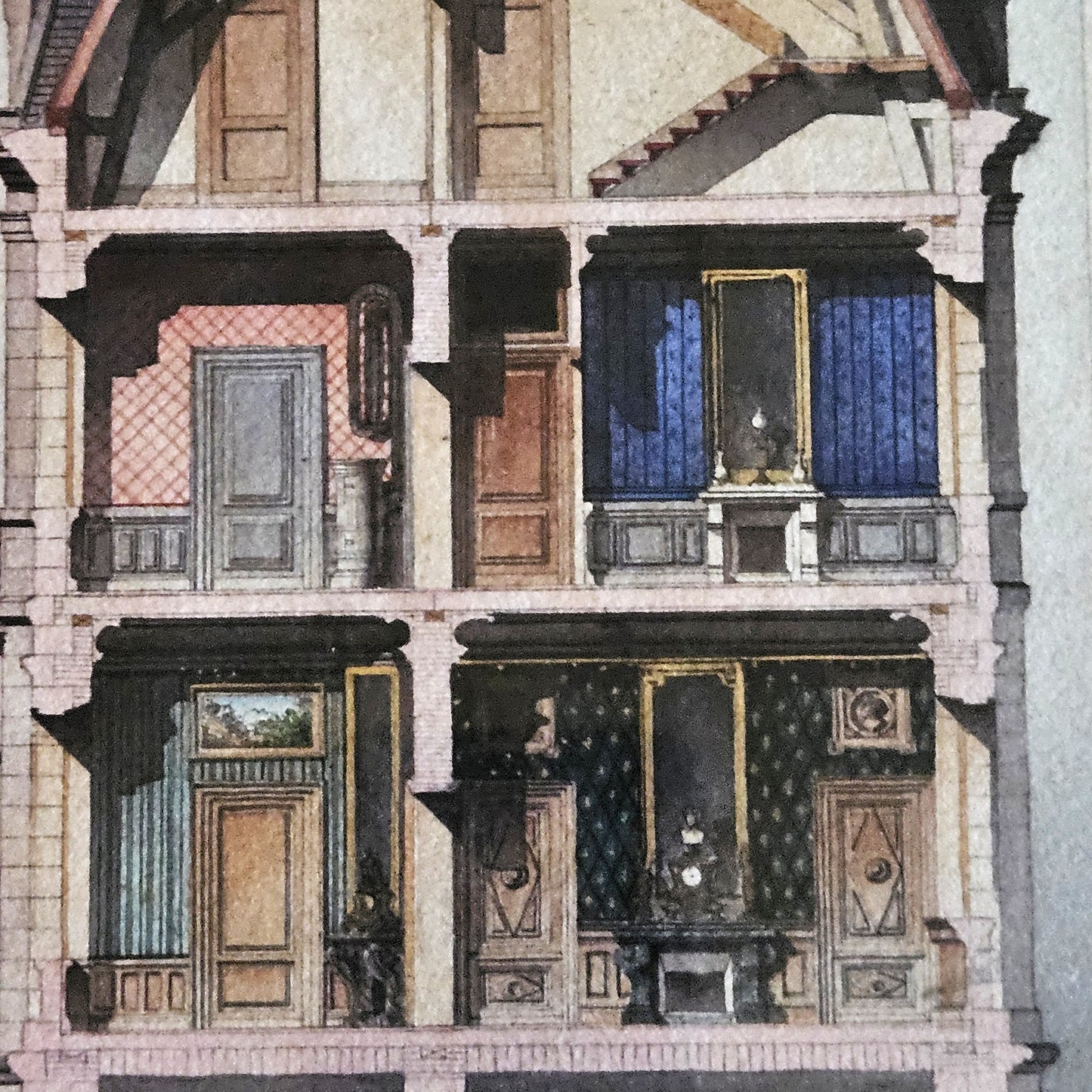 Détail de l'aquarelle attribuée à Paul Friesé, montrant les niveaux inférieur et intermédiaire de la coupe transversale : au rez-de-chaussée, porte monumentale à trumeau peint d'un paysage et lambris à cannelures bleues ; à l'entresol, mur en damier noir à étoiles dorées avec niches à bustes, rendu à l'aquarelle et à l'encre polychrome.