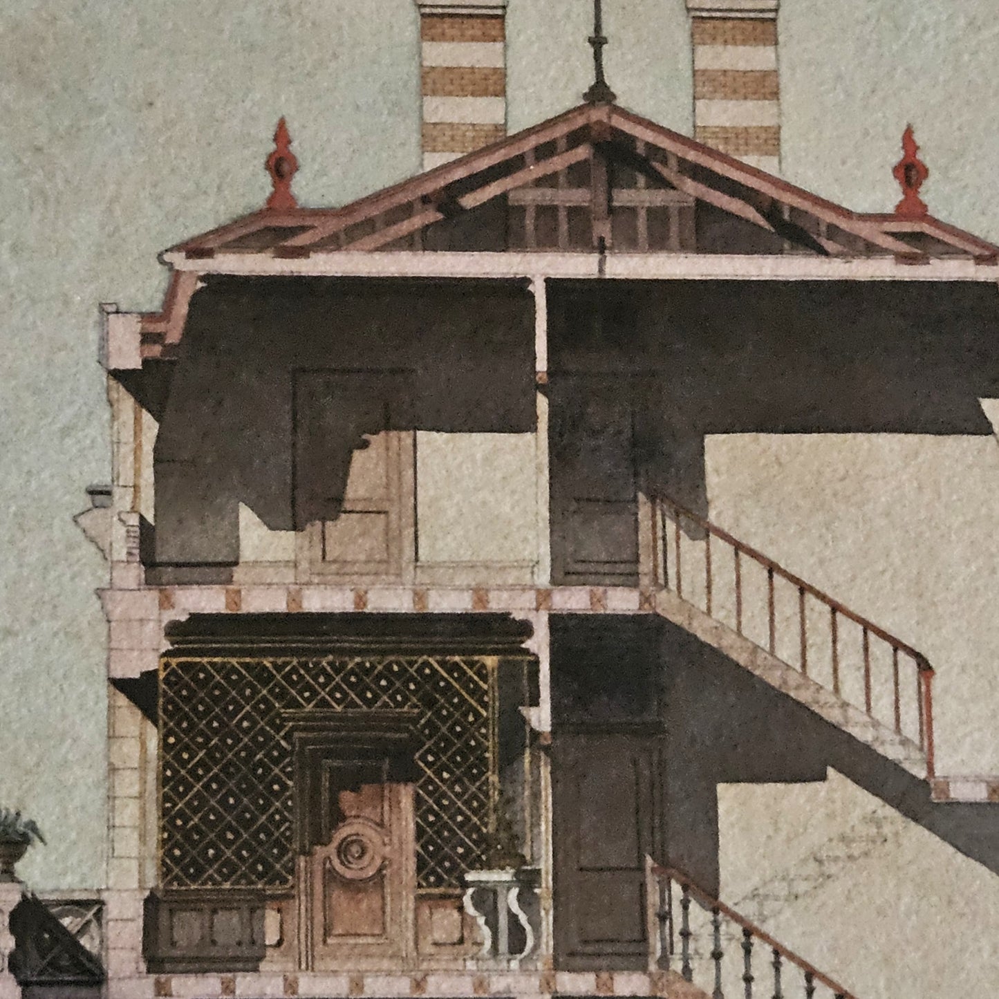 Détail de l'aquarelle attribuée à Paul Friesé, montrant le pavillon de jardin à charpente apparente en bois avec toiture à deux pans, épis de faîtage rouges, deux cheminées en brique à bandes alternées rouge et beige, et escalier extérieur à balustrade en fer forgé, à droite de la composition.